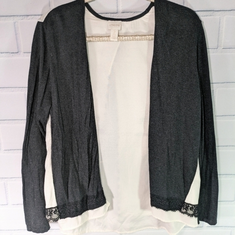 Chico's Charcoal/Off White Knit/Woven Lace trim Open Cardigan